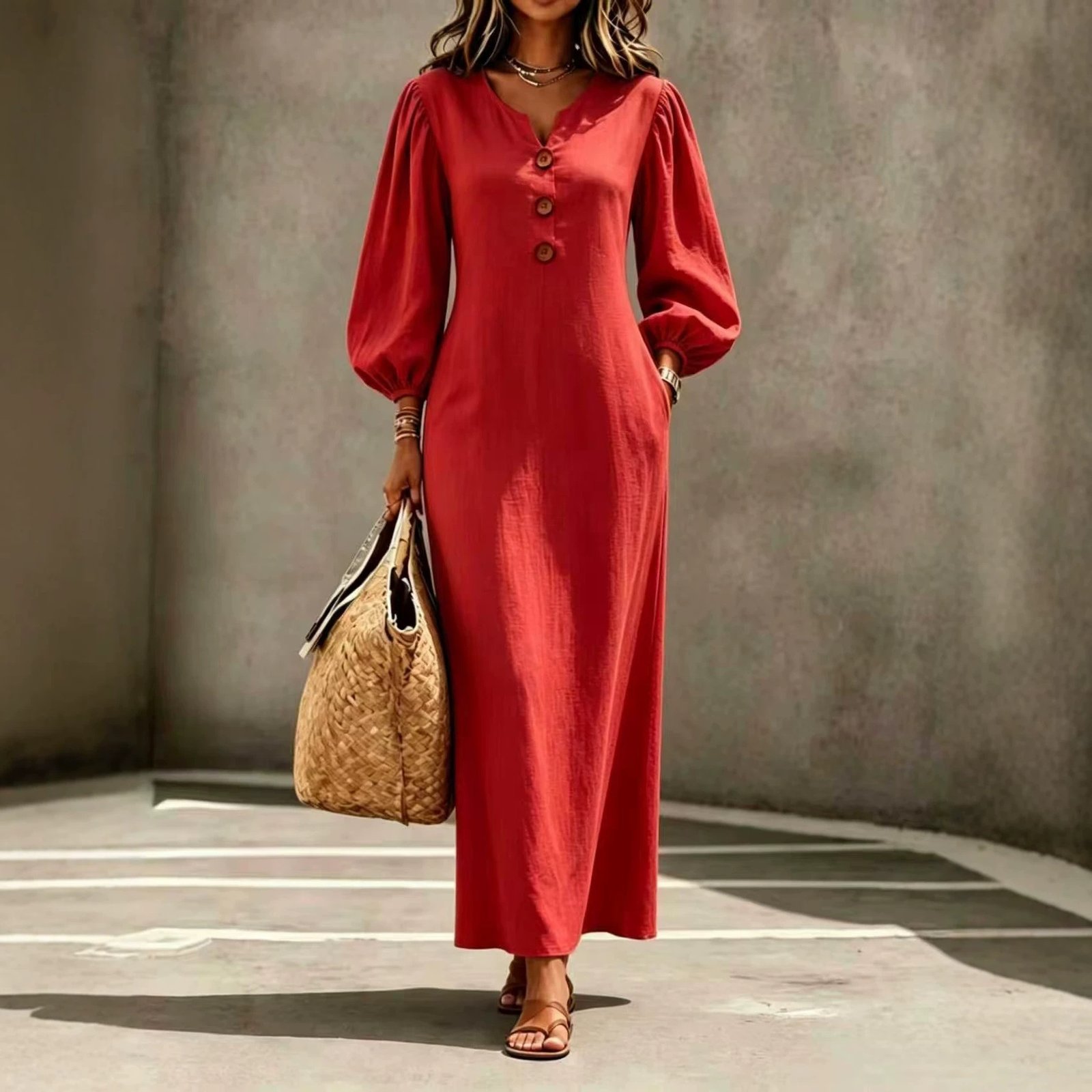 V-neck Buttoned Long Dress - Image 4