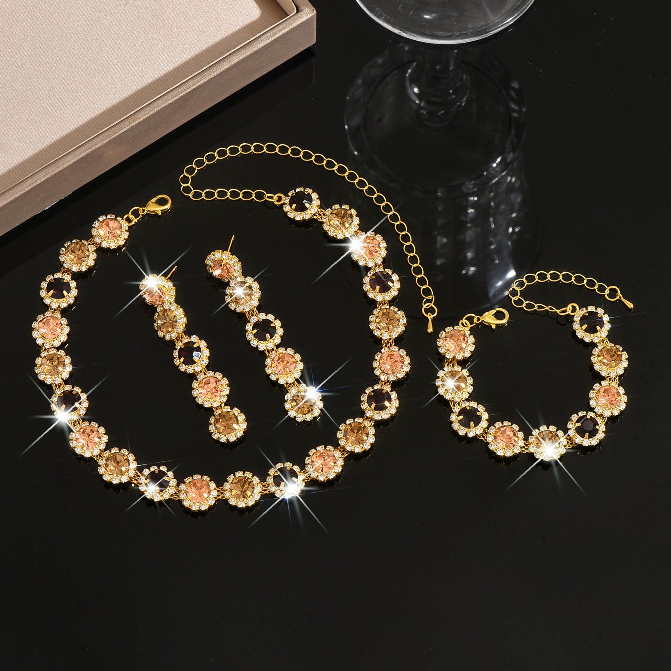 European And American Environmentally Friendly Electroplating Super Flash Crystal Zircon Geometric Flower Necklace Earrings Bracelet Fashion Maillard Style Jewelry - Image 4