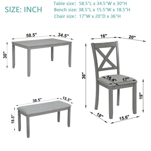 6 Piece Kitchen Dining Set, Rectangular Wooden Dining Table With 4 Upholstered Chairs And A Bench, Dining Table Set For 6 People, Living Room, Home Bar And Kitchen, Gray - Image 9