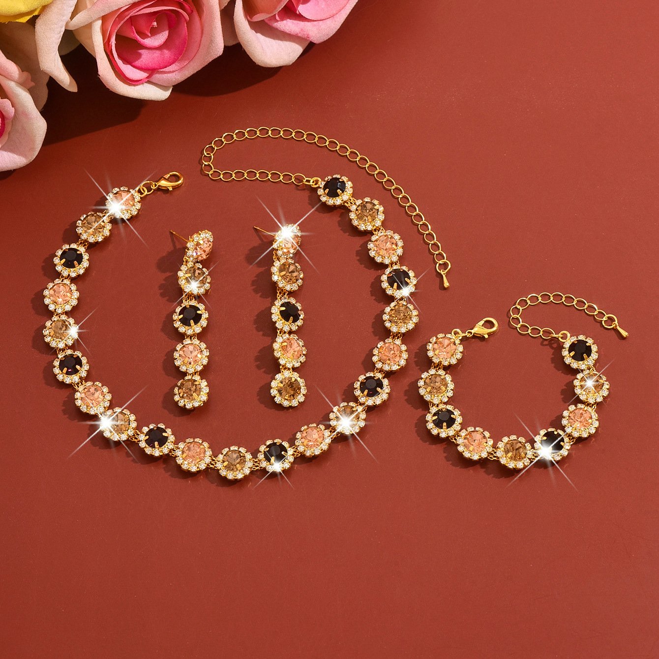 European And American Environmentally Friendly Electroplating Super Flash Crystal Zircon Geometric Flower Necklace Earrings Bracelet Fashion Maillard Style Jewelry - Image 2