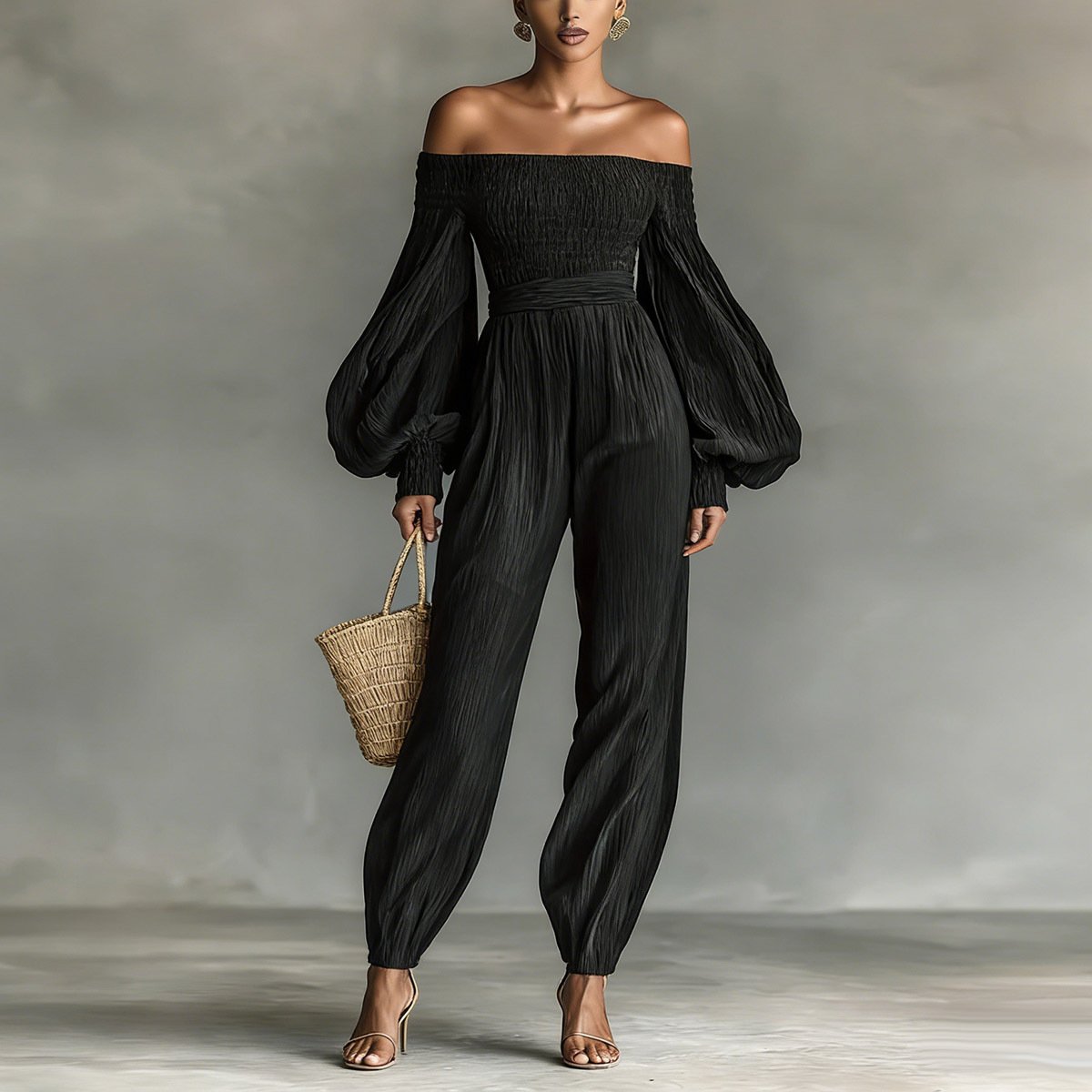 Women's Off-shoulder Long-sleeve Pleated Jumpsuit - Image 8