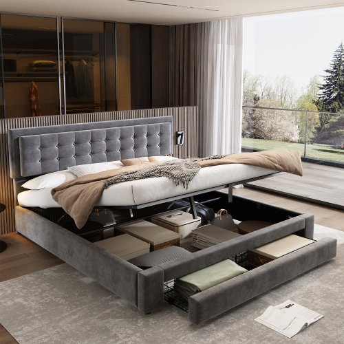 Upholstered Bed,Super King Size Bed-6ft180x200cm, Velvet Fabric, Double Bed, Large Storage Space,With Slats And Headboard,Without Mattress,Grey - Image 8