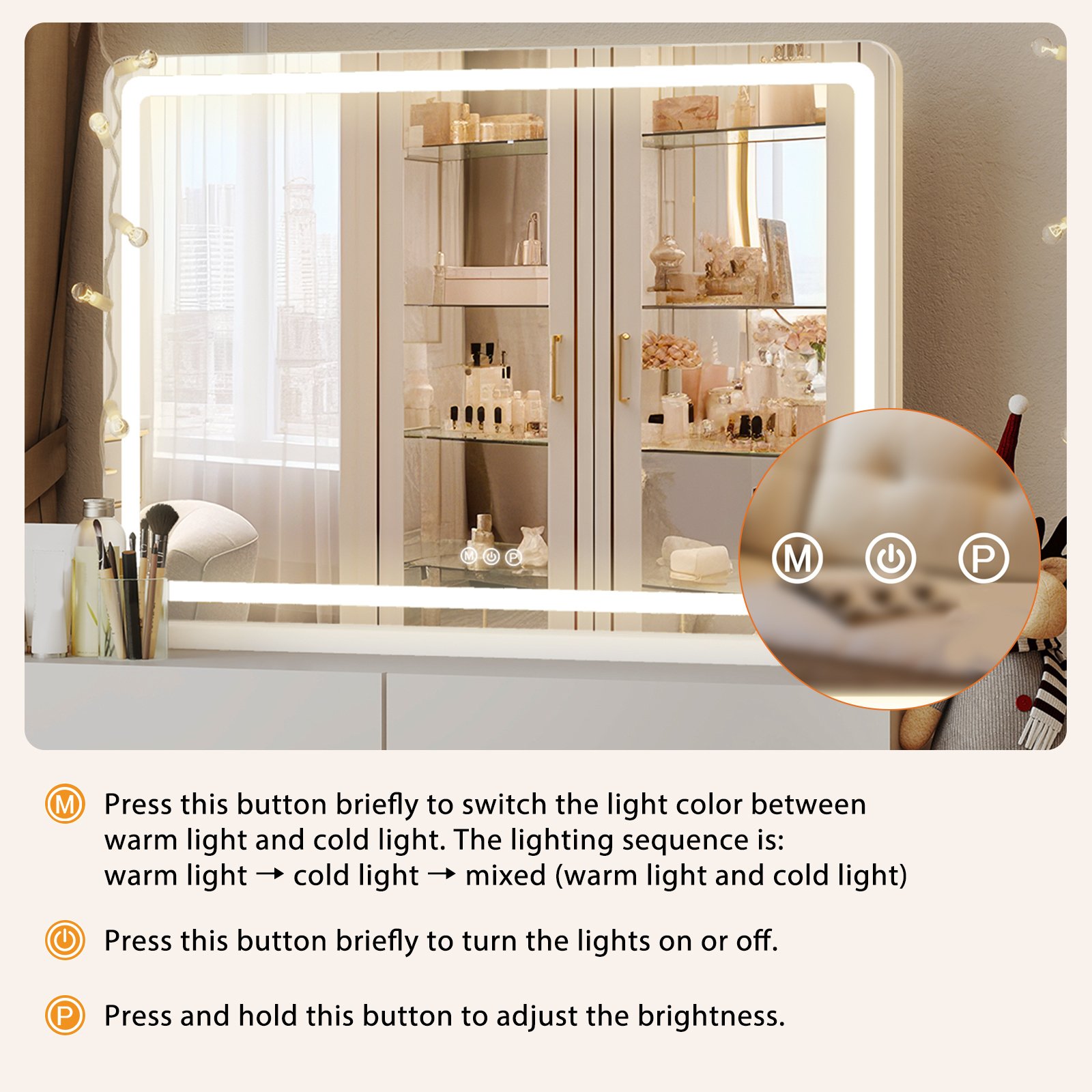 Vanity Mirror With Lights, LED Makeup Mirror With Dimmable 3 Color Modes, Touch Screen Control Vanity Based Mirror Desk Mirror Square White - Image 8