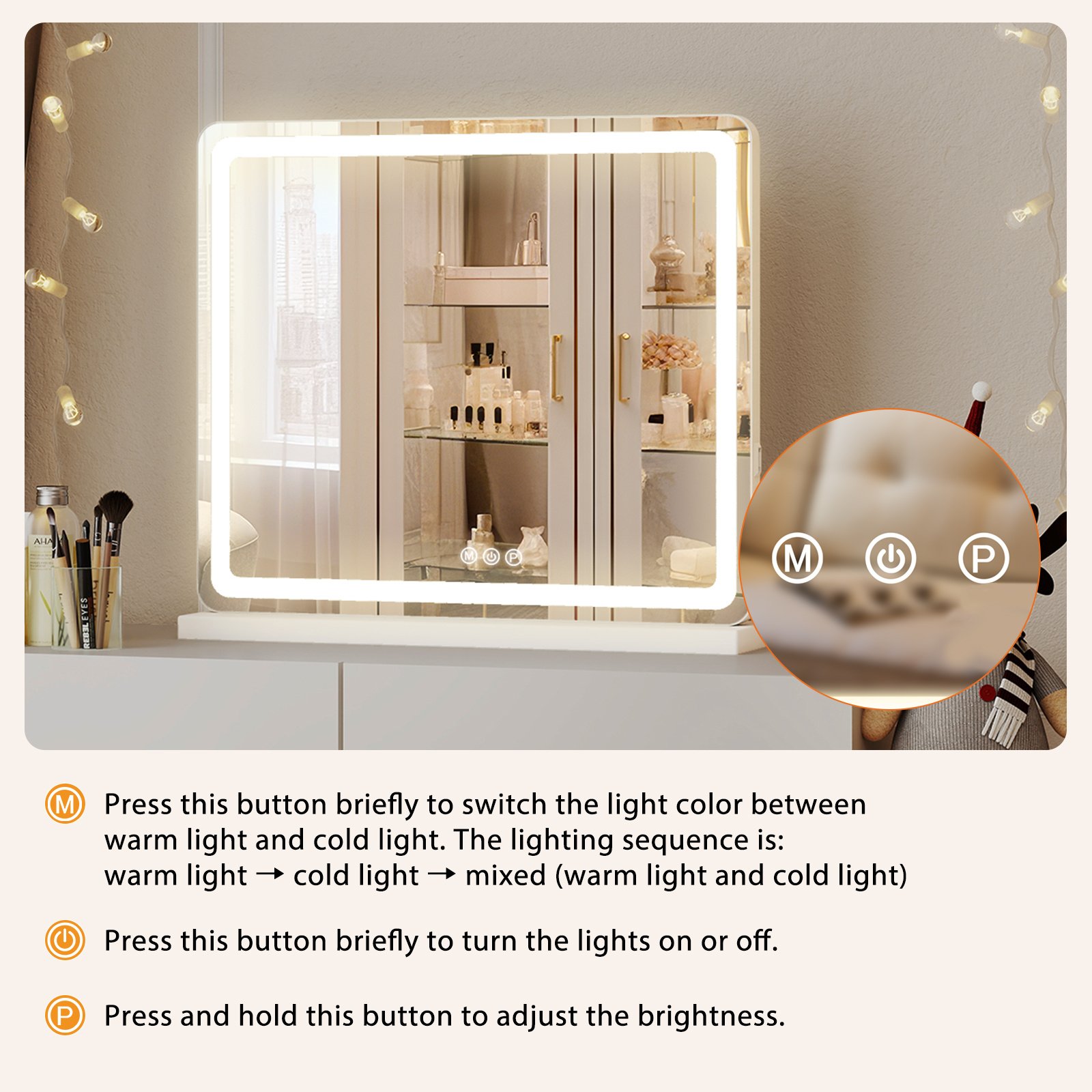 Vanity Mirror With Lights, LED Makeup Mirror With Dimmable 3 Color Modes, Touch Screen Control Vanity Based Mirror Desk Mirror Square White - Image 2