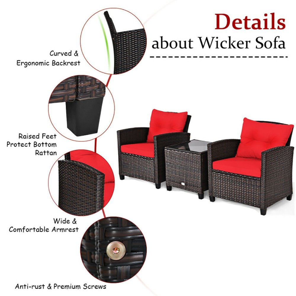 3 Pieces Rattan Patio Furniture Set With Washable Cushion - Image 3