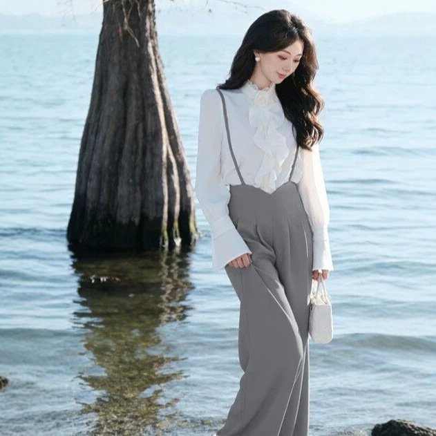 Ruffled Long-Sleeve Shirt And Suspender Pants Two-Piece Set - Image 4