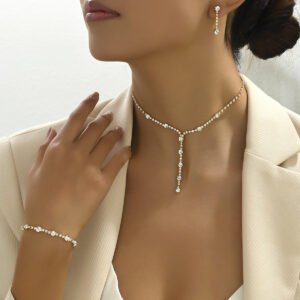 Niche Design High-Gloss Women Jewelry Set, Unique Cubic Zirconia Inlaid Necklace, Bracelet & Stud Earrings Matching Accessories