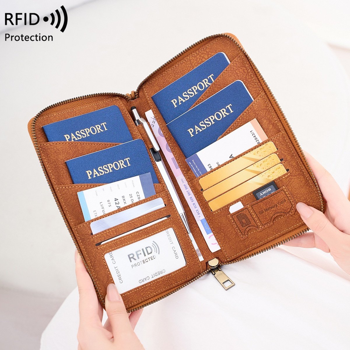 Cross-border RFID-blocking Passport Holder Long-style Zippered Passport Case Multi-functional Travel Document And Ticket Organizer - Image 8