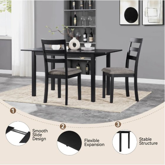 59 Extendable Dining Table, Modern House Dining Room Table For 4-8, Wooden Kitchen Table , Dining Room, Working Office, Home Living Room Furniture For Small Space, Black - Image 2