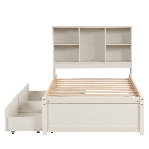 Modern Twin Size Bed Frame With Built-in USB Port On Bookcase Headboard And 2 Drawers For White Washed Color - Image 6
