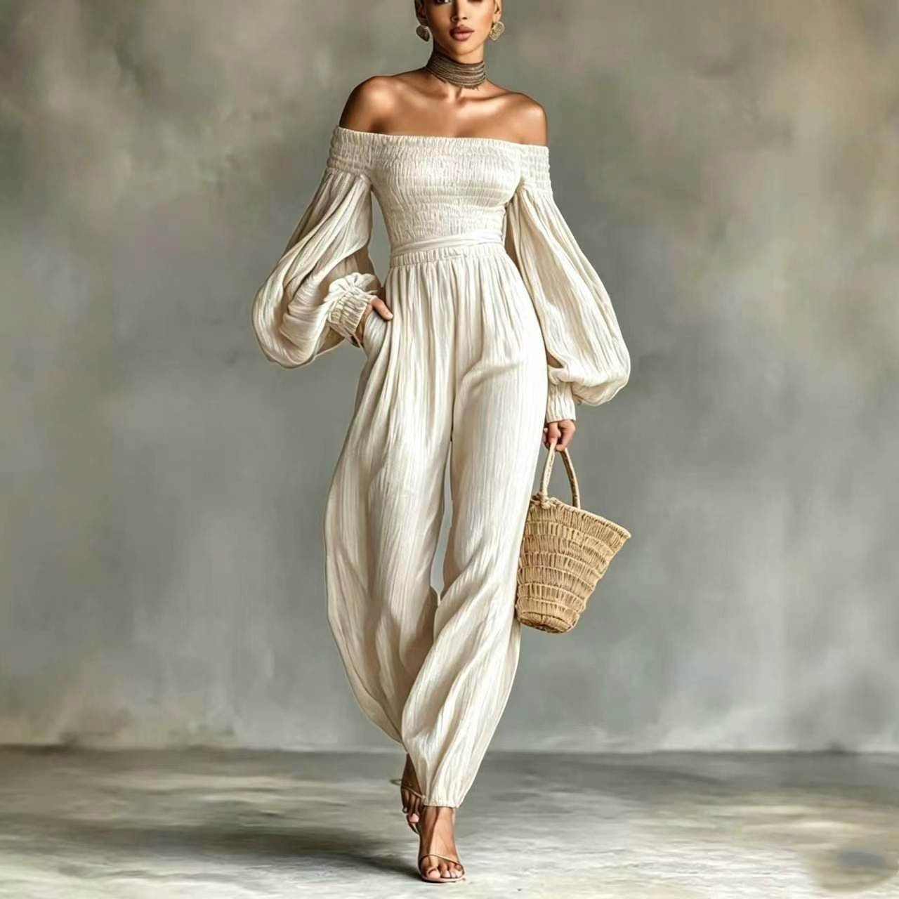 Women's Off-shoulder Long-sleeve Pleated Jumpsuit - Image 6