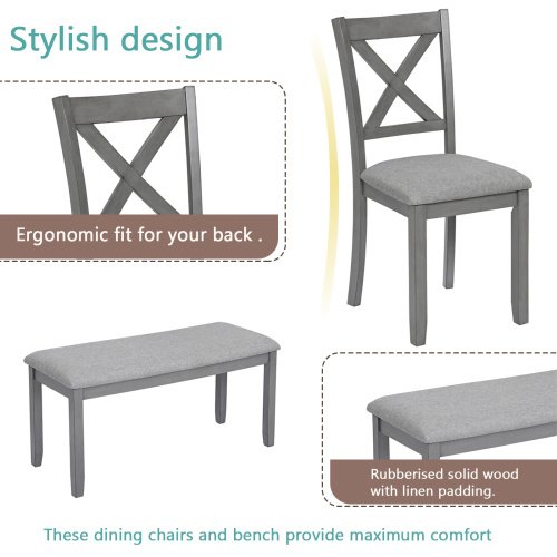 6 Piece Kitchen Dining Set, Rectangular Wooden Dining Table With 4 Upholstered Chairs And A Bench, Dining Table Set For 6 People, Living Room, Home Bar And Kitchen, Gray - Image 2