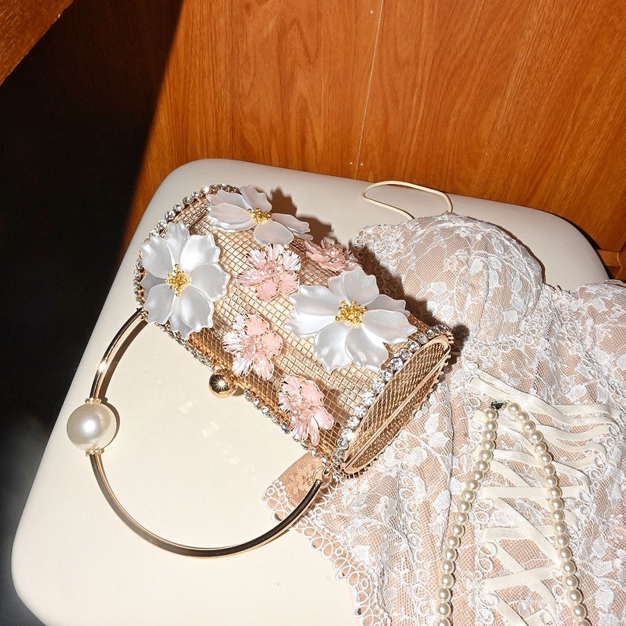 French-style Metal Flower Clutch With Diamonds And Pearls - Image 2
