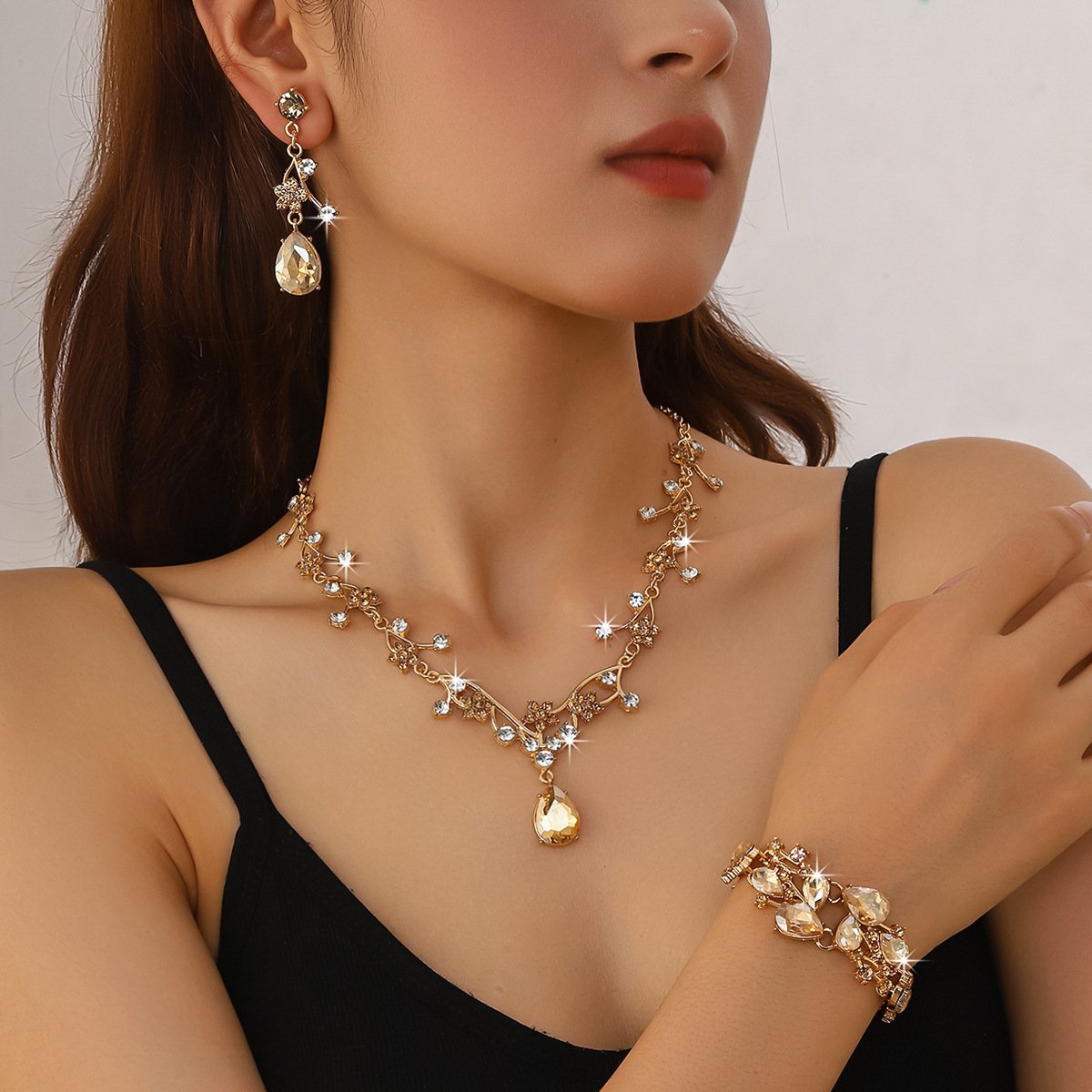 Vintage Leaf Floral Paved Cubic Zirconia Jewelry Set, Elegant Unique Premium Accessories For Evening Party Formal Gowns Women - Image 10