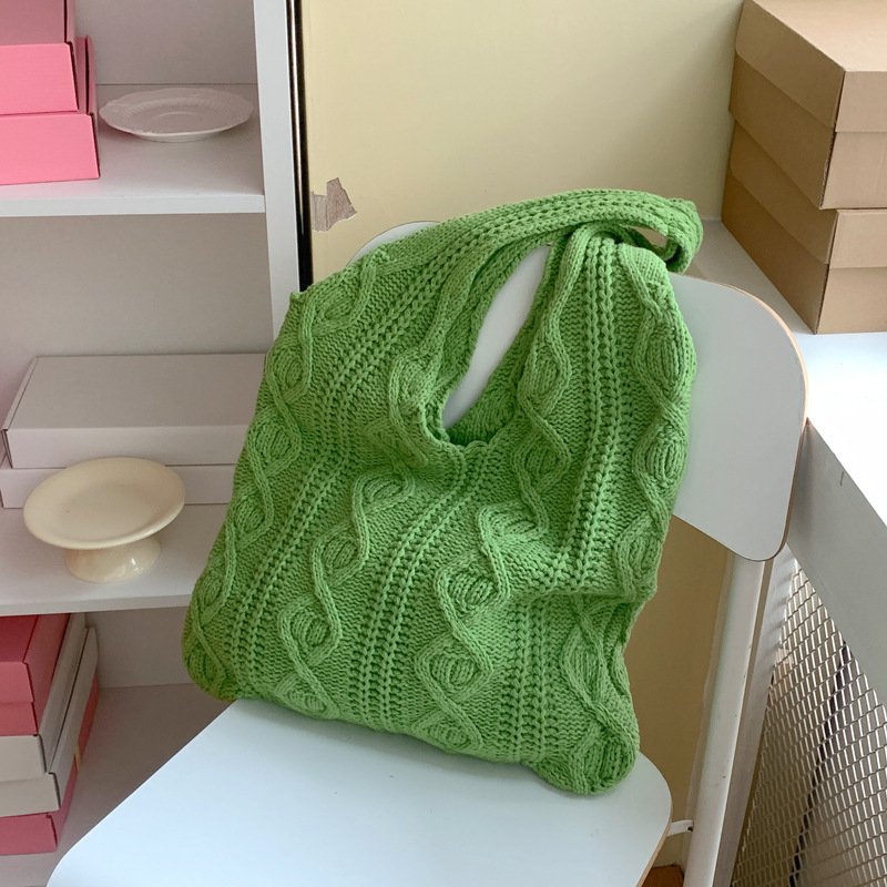 GWomen Shoulder Bags Portable Retro Hollow Knitted Woolen Yarn Bag Shoulder Tote Bag Solid Color Crochet Bag Large Capacity Shopping Tote Bags - Image 3