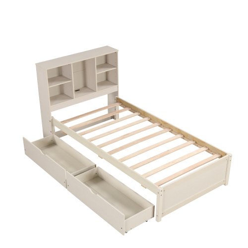 Modern Twin Size Bed Frame With Built-in USB Port On Bookcase Headboard And 2 Drawers For White Washed Color - Image 10