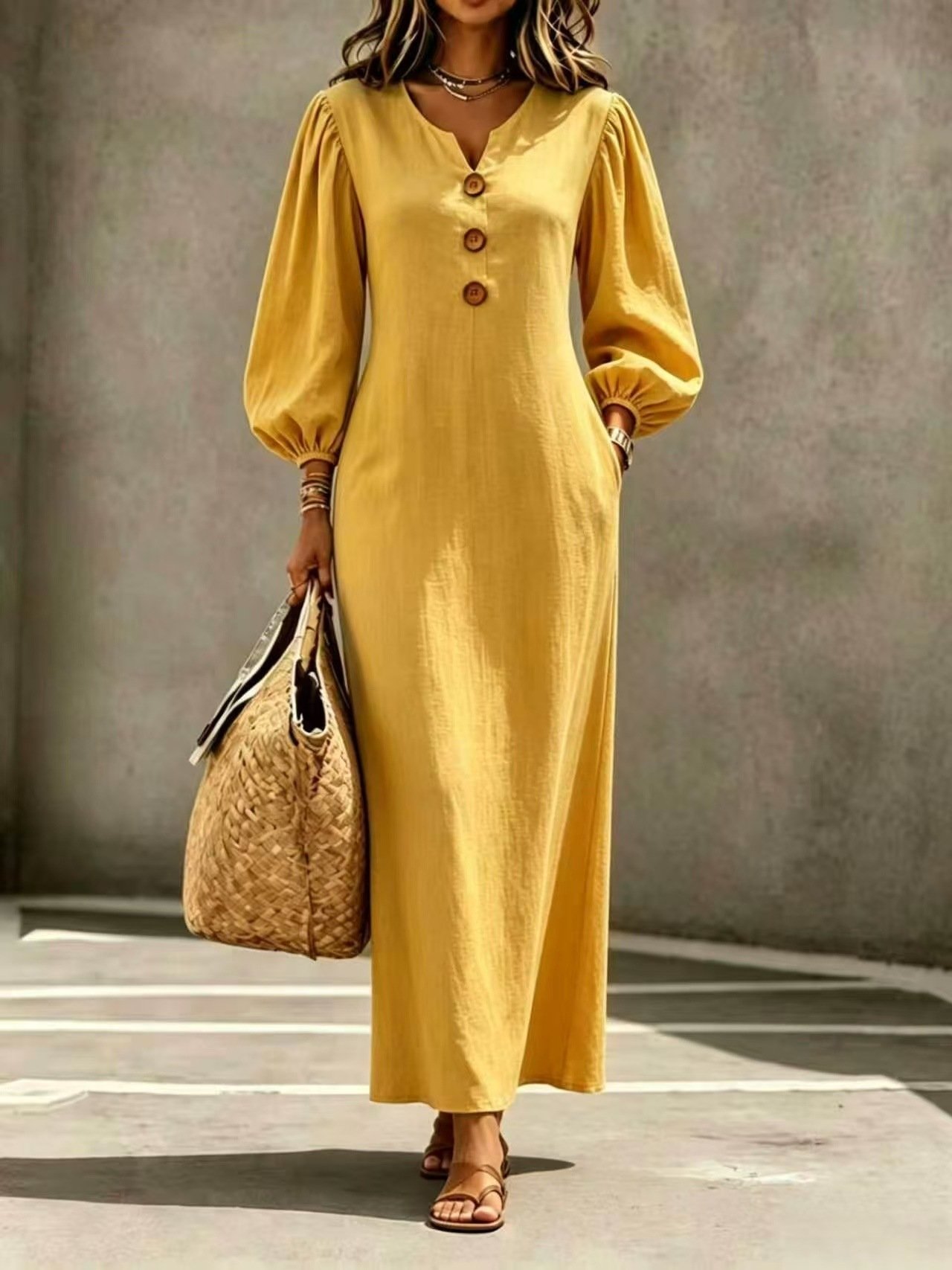 V-neck Buttoned Long Dress - Image 10