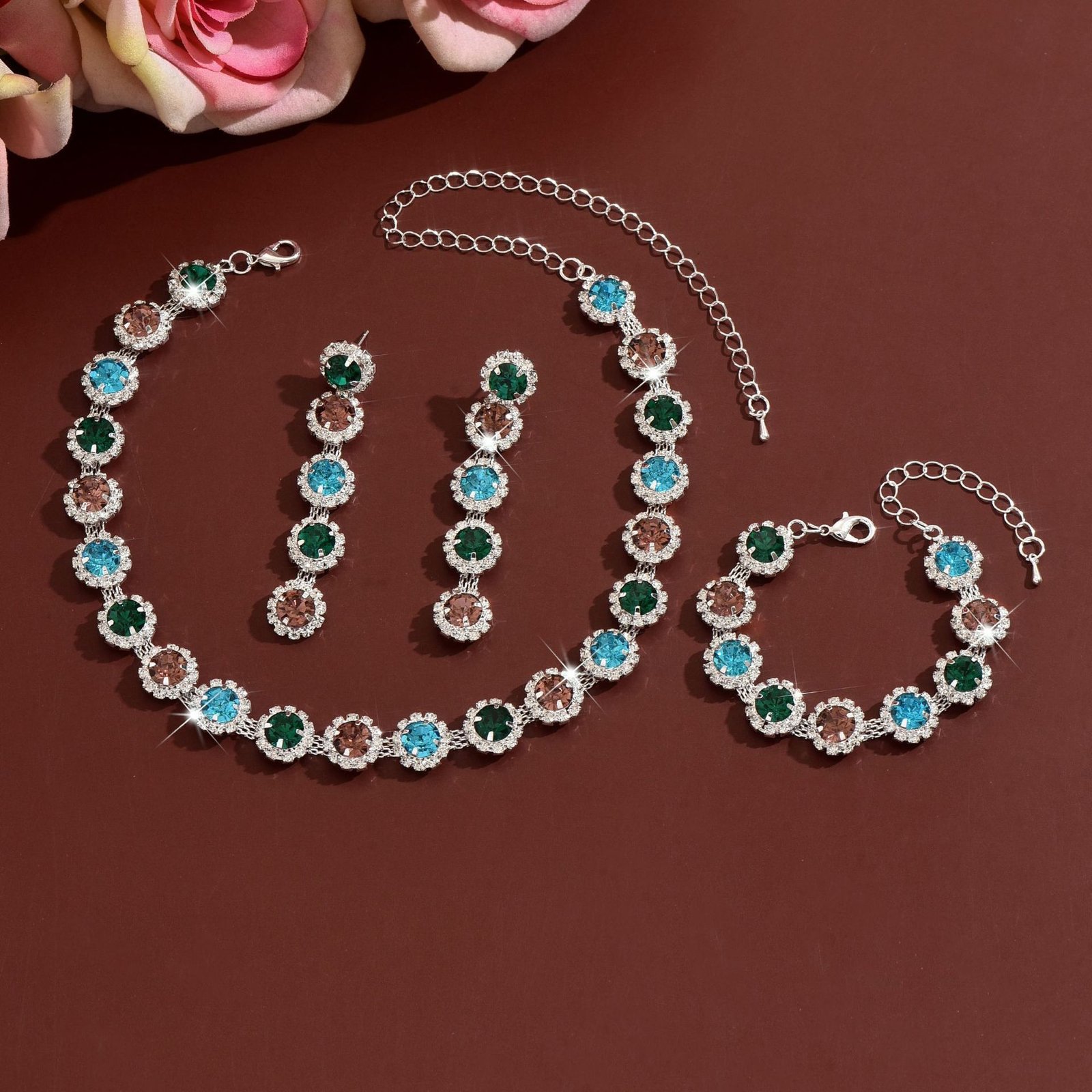 European And American Environmentally Friendly Electroplating Super Flash Crystal Zircon Geometric Flower Necklace Earrings Bracelet Fashion Maillard Style Jewelry - Image 3