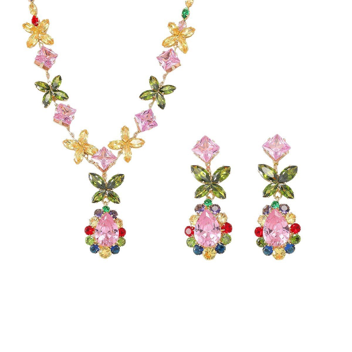 European And American Cross-Border Dress Accessories With Necklace Set, Light Luxury Pink Zircon Earrings And Necklace Two-Piece Jewelry Set - Image 5