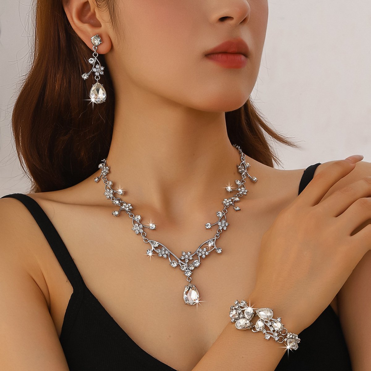 Vintage Leaf Floral Paved Cubic Zirconia Jewelry Set, Elegant Unique Premium Accessories For Evening Party Formal Gowns Women - Image 7