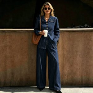 Retro Deep-blue Belted Plus-size Denim Set