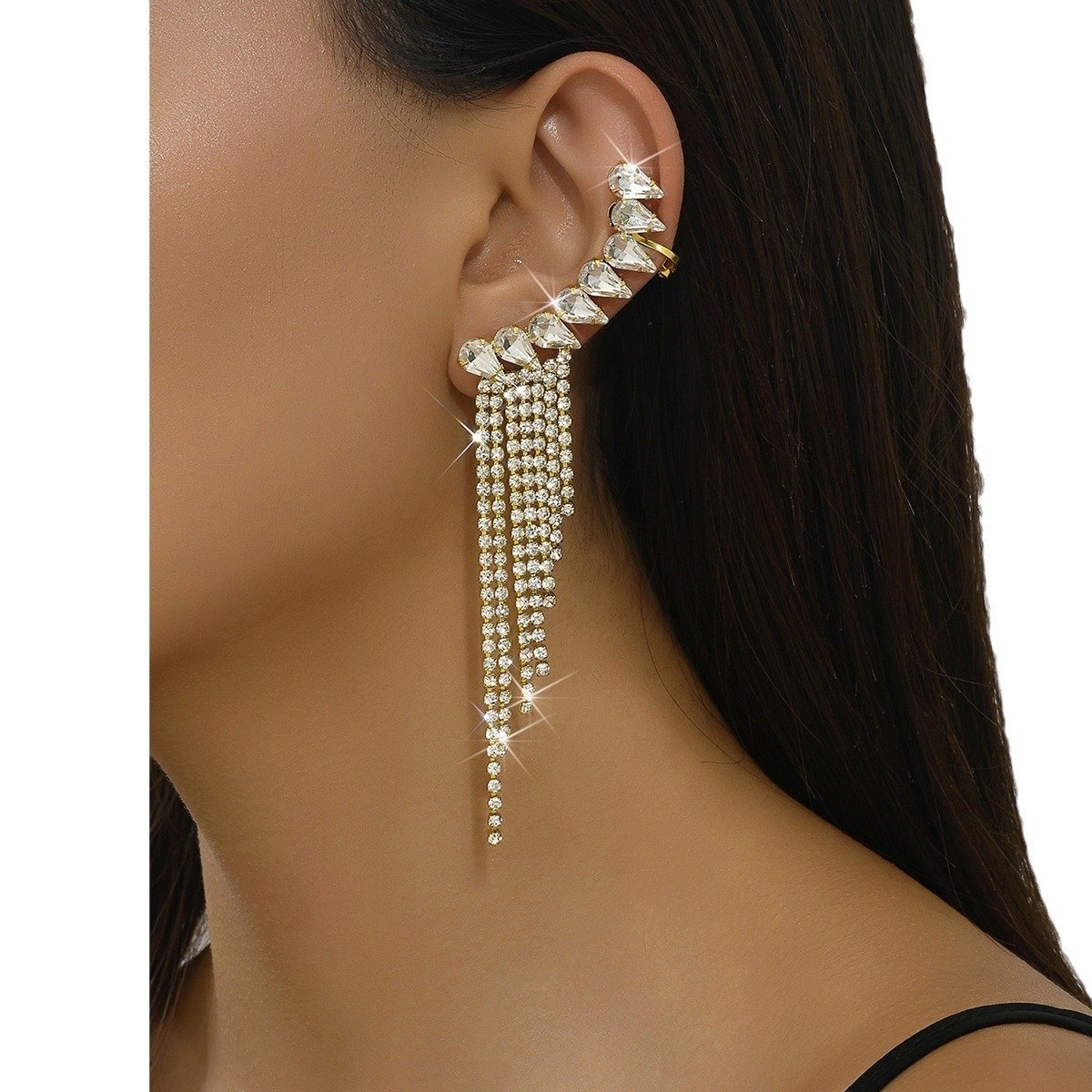 European And American New Fashion Light Luxury High-End Rhinestone Tassel Earrings, Ear Clips, Integrated Earrings, Long Style, Sweet And Cool, Versatile - Image 10