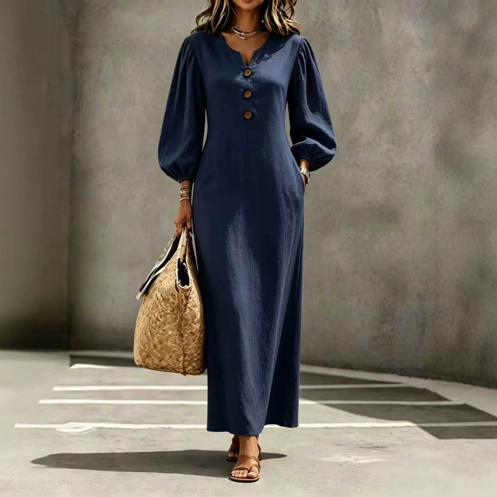 V-neck Buttoned Long Dress - Image 2