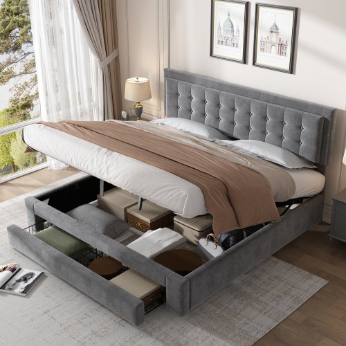 Upholstered Bed,Super King Size Bed-6ft180x200cm, Velvet Fabric, Double Bed, Large Storage Space,With Slats And Headboard,Without Mattress,Grey - Image 6