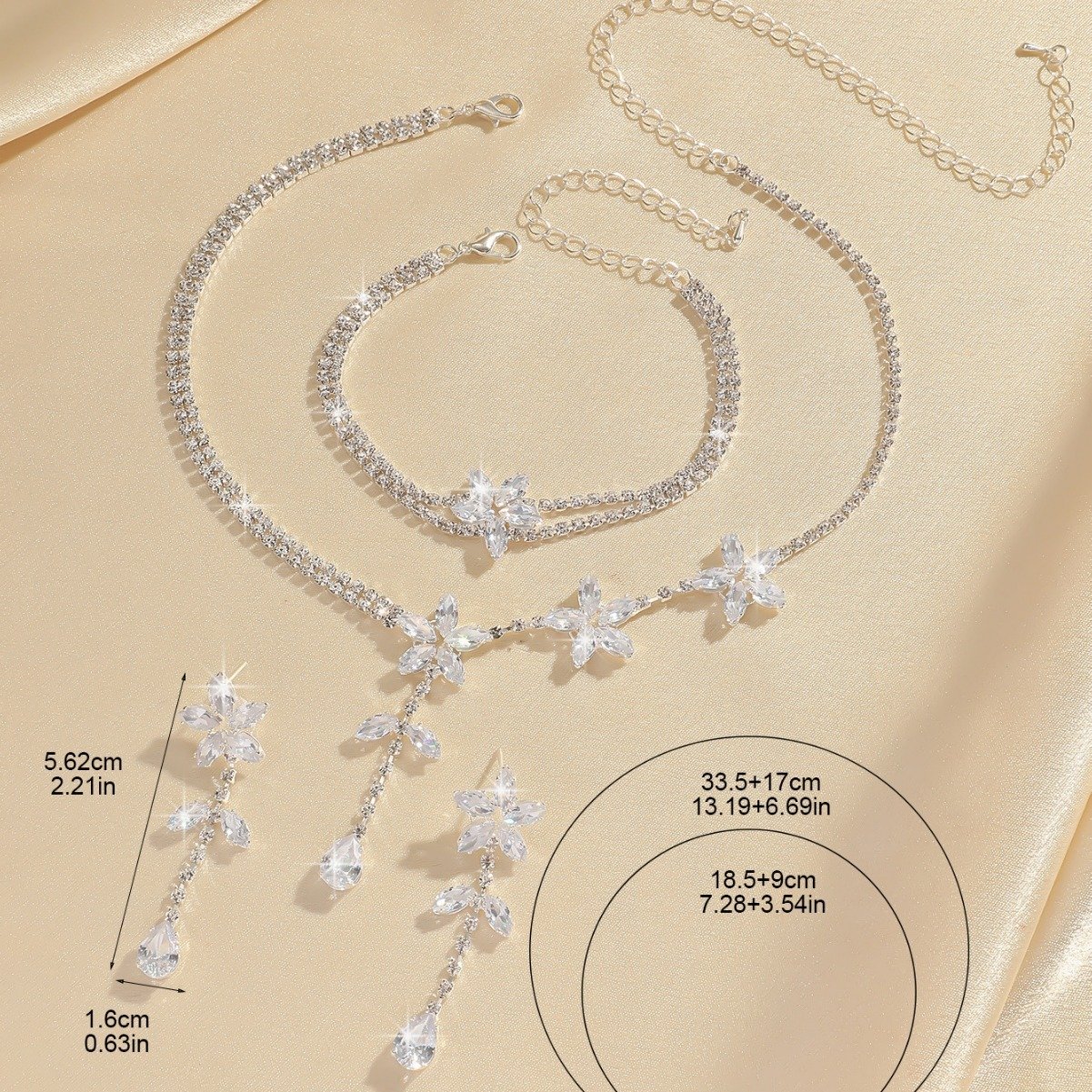 Silver Floral Leaf Cubic Zirconia 3Pcs Jewelry Set, Delicate V Necklace Long Drop Earrings Bracelet, Elegant Bridal Evening Party Accessories For European Spanish Women - Image 2