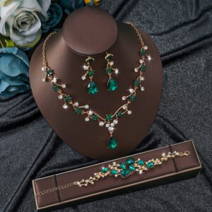 Vintage Leaf Floral Paved Cubic Zirconia Jewelry Set, Elegant Unique Premium Accessories For Evening Party Formal Gowns Women