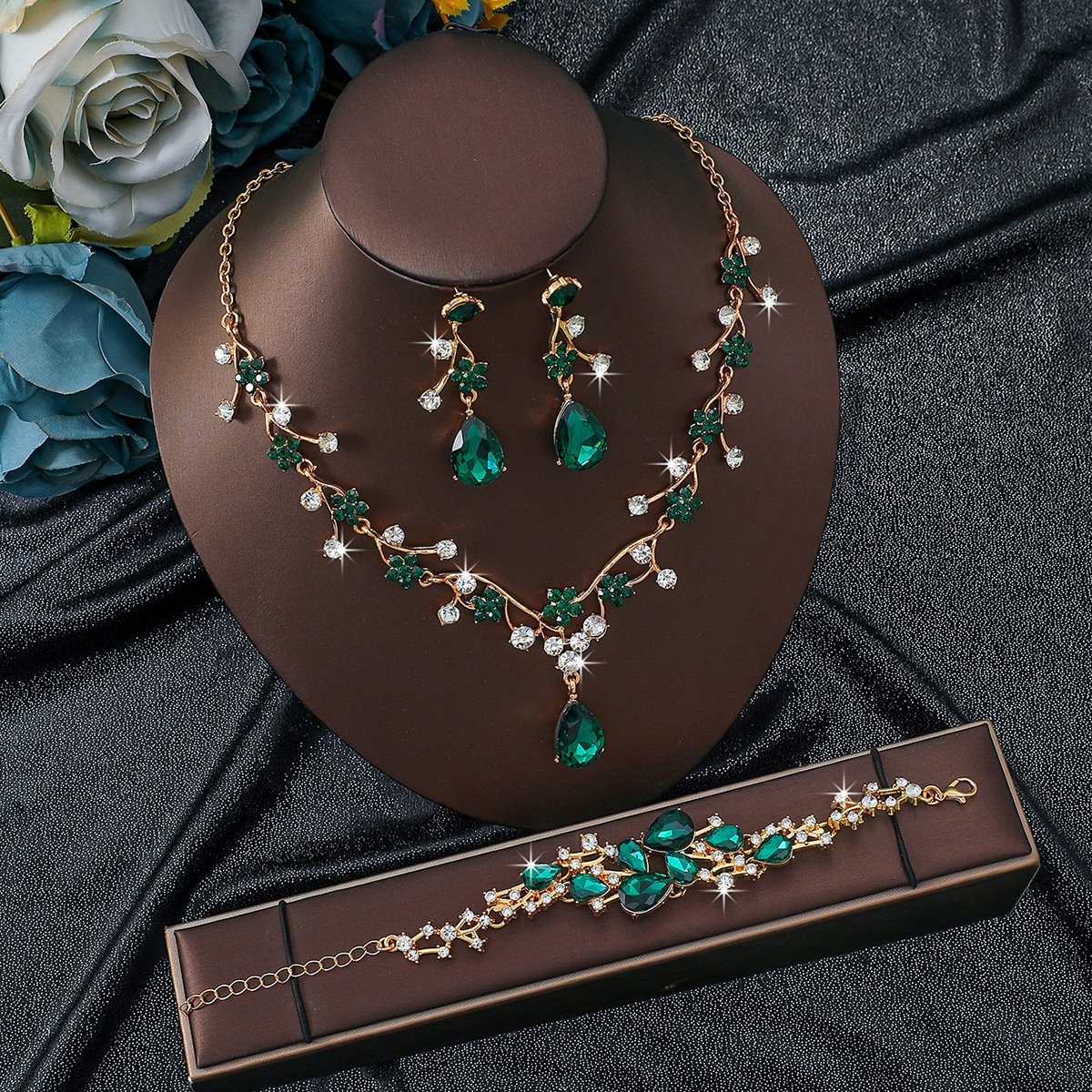 Vintage Leaf Floral Paved Cubic Zirconia Jewelry Set, Elegant Unique Premium Accessories For Evening Party Formal Gowns Women