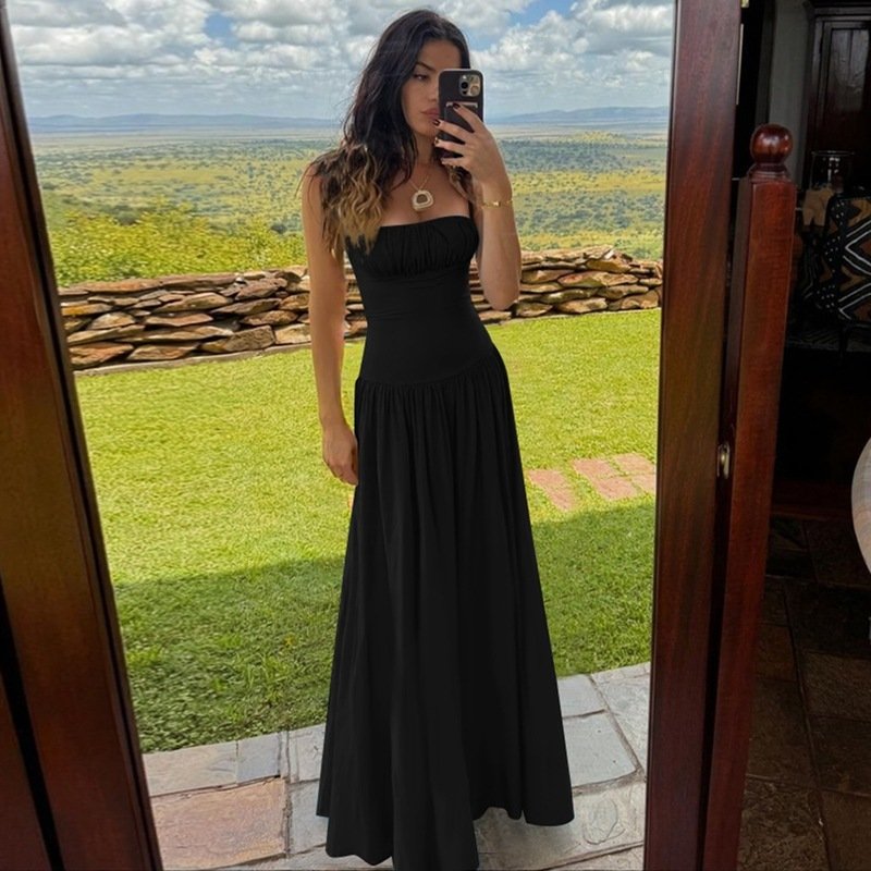 Off-neck Pleated Dress - Image 5