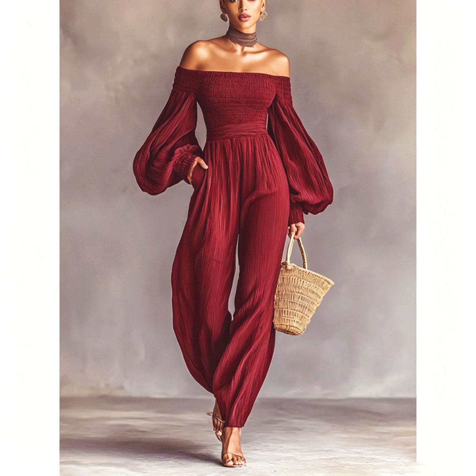 Women's Off-shoulder Long-sleeve Pleated Jumpsuit - Image 2