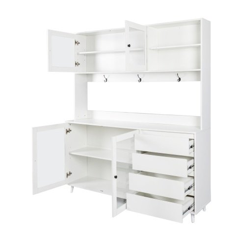 63W Large Kitchen Hutch Cabinet, Freestanding Pantry Cabinets Storage Kitchen Cupboard With 4 Doors, 4 Drawers & Microwave Shelf, White - Image 6