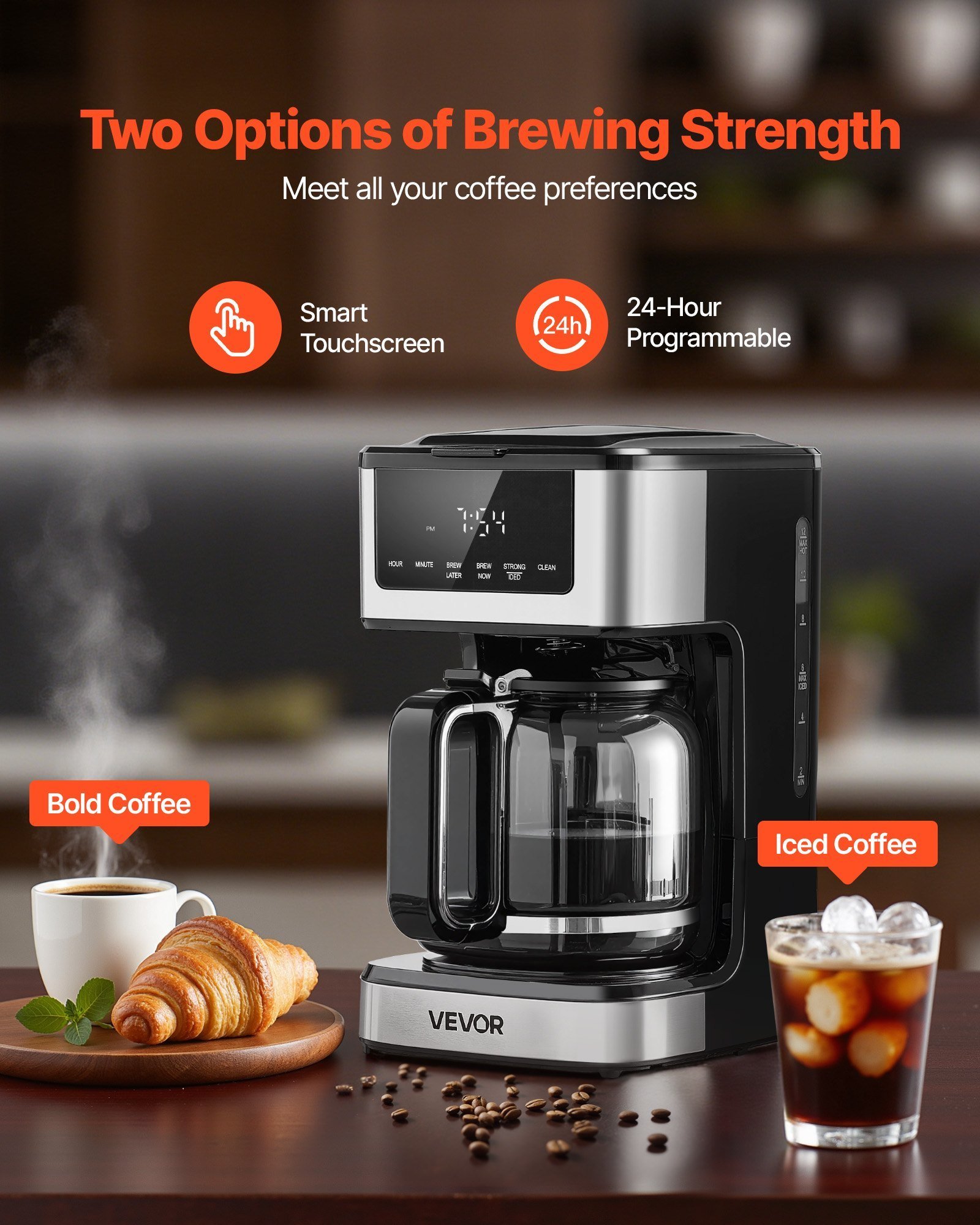 Programmable Coffee Maker, 12 Cup Programmable Drip Coffee Makers With Touch Screen, 4-Hour Keep Warm Coffee Makers Drips, 2 Brew Strengths Drip Coffee Machine For Home, 24-Hour Programmable - Image 2