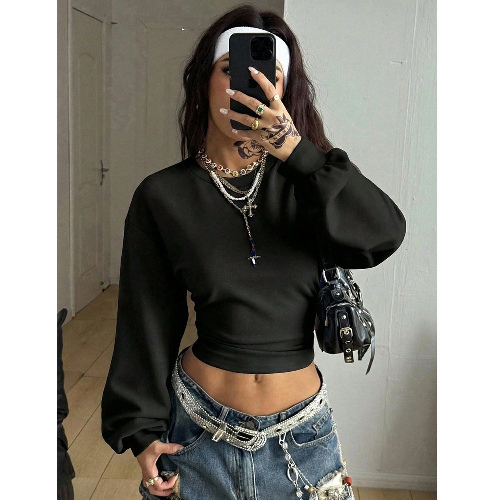 Women's Short Slim-fit Round-neck Solid-color Hoodie - Image 3