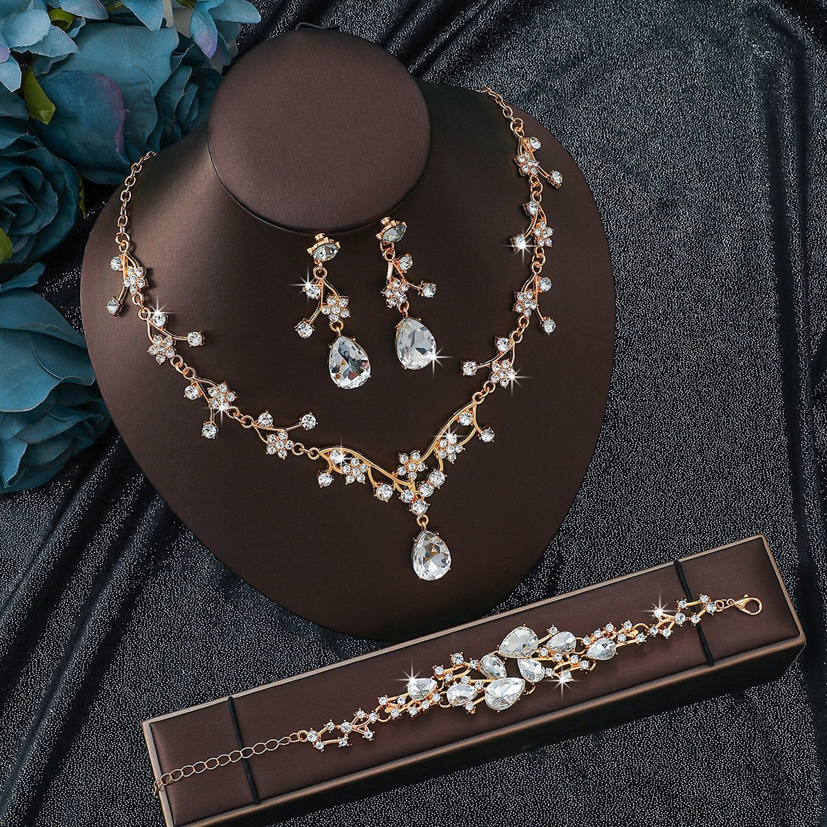 Vintage Leaf Floral Paved Cubic Zirconia Jewelry Set, Elegant Unique Premium Accessories For Evening Party Formal Gowns Women - Image 5