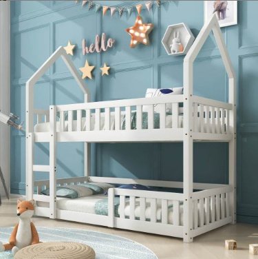 Bunk Bed, Twin Sleeper Bed With Ladder, Solid Wood Frame 3FT Single Bed, Gaming Bed, Castle-shaped Bed 90 X 190 Cm Children's Bed Room Furniture, Wooden Bed Frame For Kids Children White - Image 7