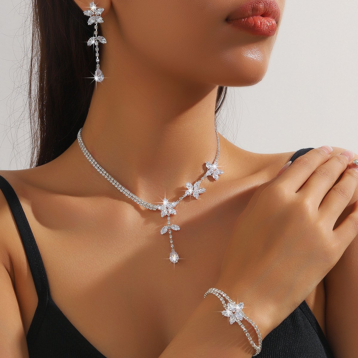 Silver Floral Leaf Cubic Zirconia 3Pcs Jewelry Set, Delicate V Necklace Long Drop Earrings Bracelet, Elegant Bridal Evening Party Accessories For European Spanish Women - Image 7