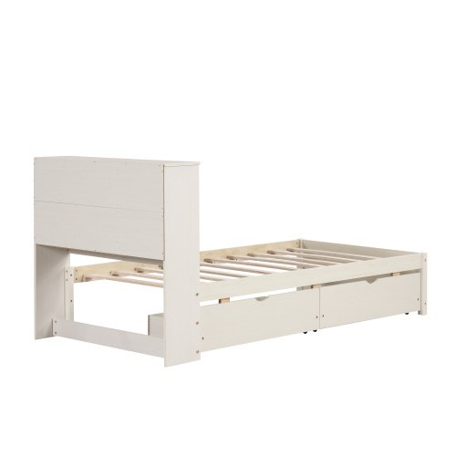 Modern Twin Size Bed Frame With Built-in USB Port On Bookcase Headboard And 2 Drawers For White Washed Color - Image 3