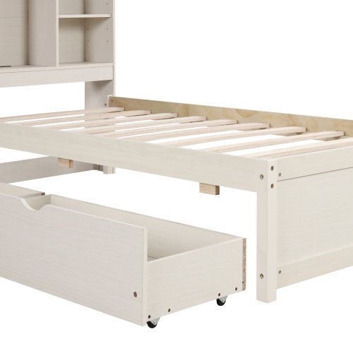 Modern Twin Size Bed Frame With Built-in USB Port On Bookcase Headboard And 2 Drawers For White Washed Color - Image 7