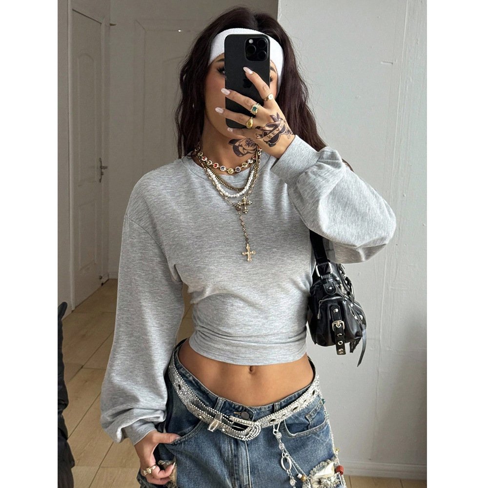 Women's Short Slim-fit Round-neck Solid-color Hoodie - Image 2