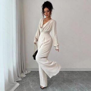 Womens Solid-Color Elegant Off-the-Shoulder Long-Sleeve Jumpsuit For The Office