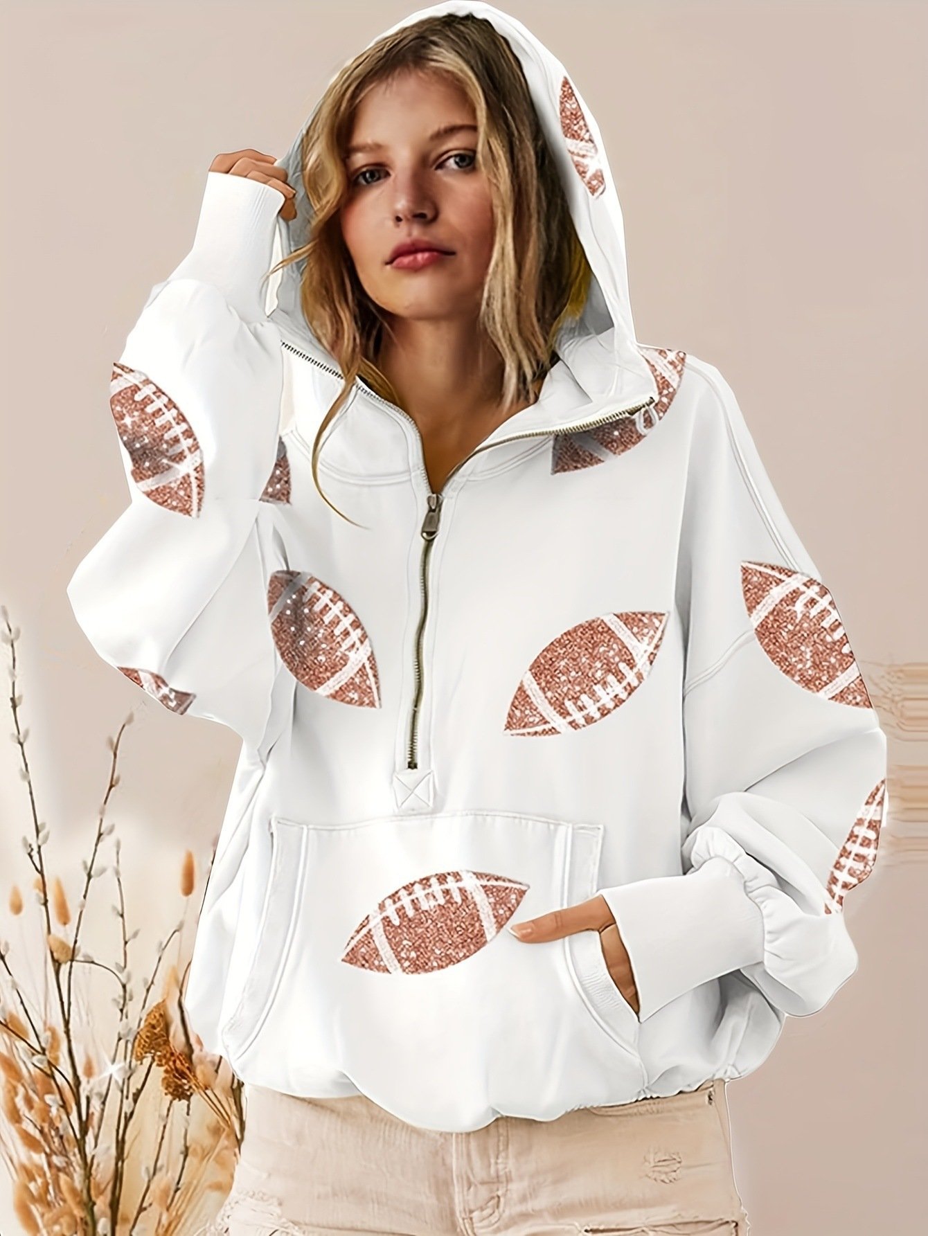 Cross-border European Style Women's Soccer Digital Printed Hooded Sweatshirt With Long Sleeves And Zipper Collar, Pullover For Women