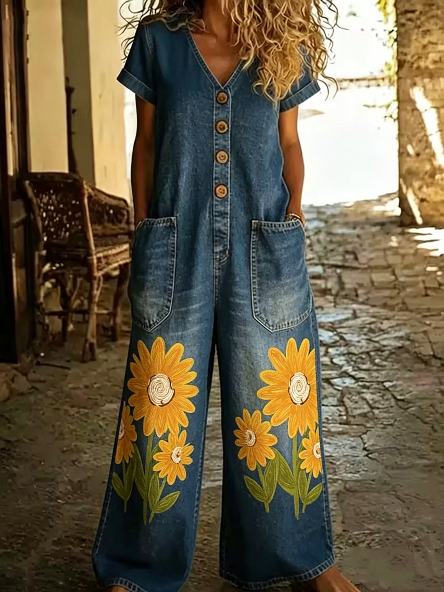 Short Sleeves Casual One-piece Wide-leg Jumpsuit - Image 2