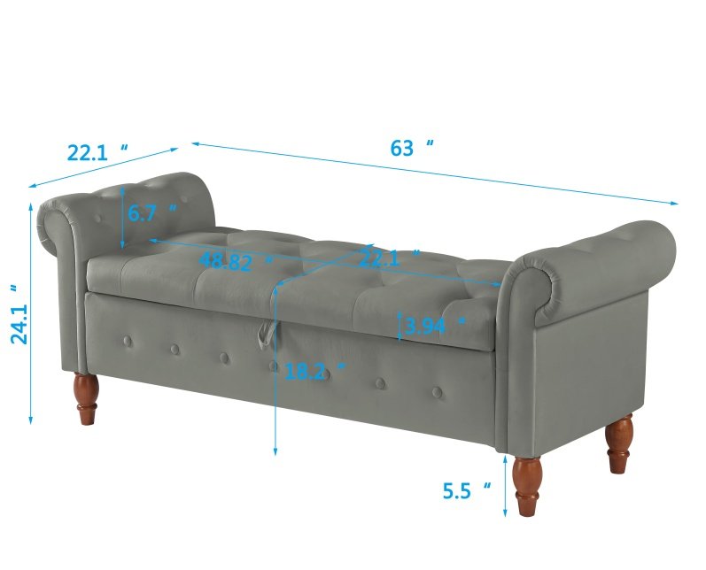 Velvet Multifunctional Storage Rectangular Sofa Stool - Grey - Image 7