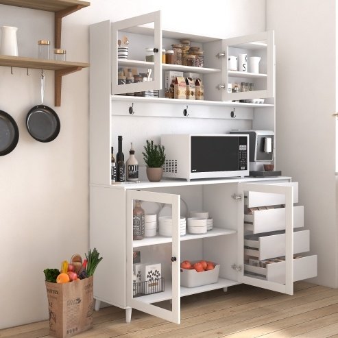 63W Large Kitchen Hutch Cabinet, Freestanding Pantry Cabinets Storage Kitchen Cupboard With 4 Doors, 4 Drawers & Microwave Shelf, White - Image 9