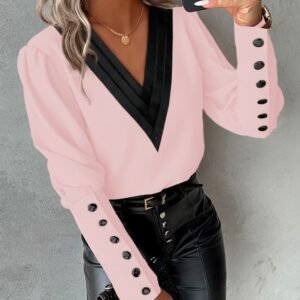 V-neck Long Sleeve Button Blouse