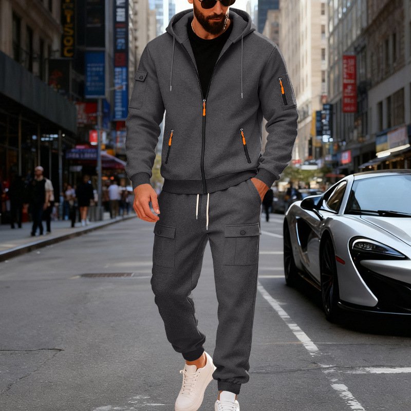 Men's Fleece-lined Casual Hoodie And Pants Set - Image 2
