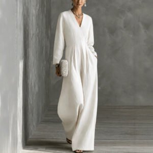 Women's V-neck Long-sleeve Wide-leg Jumpsuit